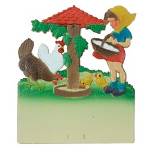 Girl Feeding Chicks Pressed Paper Cut Out ~ Germany ~ 7-1/2" tall