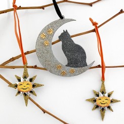 Cat on Moon & Pumpkin Star Halloween Ornaments for Feather Trees