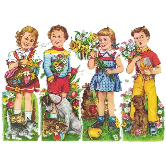 Large Boy and Girls with Animals Colorful Scraps ~ Vintage EAS ~ Germany