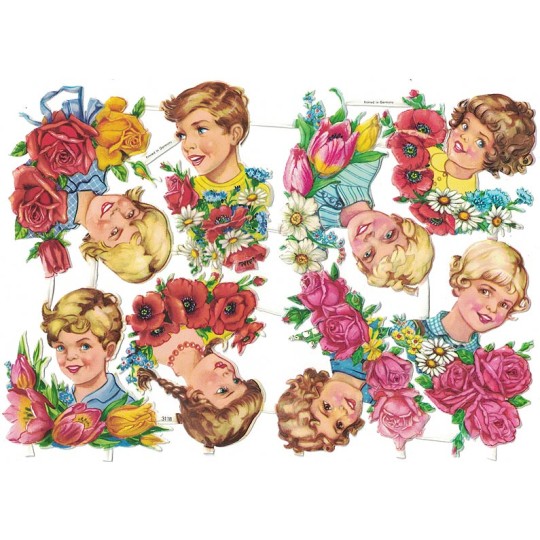 Children Heads with Flowers Colorful Scraps ~ Vintage EAS ~ Germany