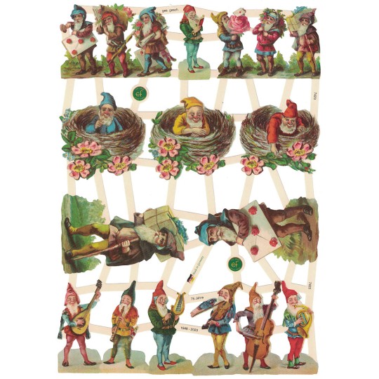 Musical Gnomes and Elves in Nests Die-Cut Scraps for Paper Crafts