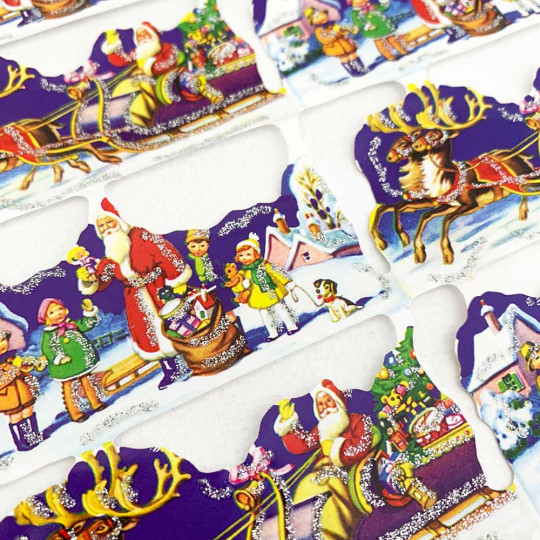 Santas Sleigh & Children Christmas Scraps with Glitter ~ England