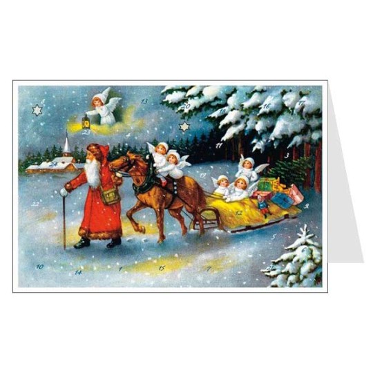 Santa with Angels Sleigh Advent Calendar Card ~ Germany