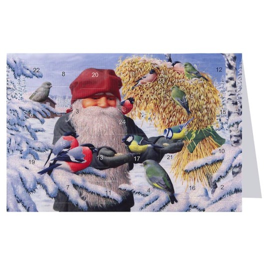 Tomte Gnome Feeding Birds Advent Calendar Card from Sweden ~ 6-3/4" x 4-1/2"