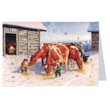 Tomte Gnomes Feeding Cows Advent Calendar Card from Sweden ~ 6-3/4" x 4-1/2"