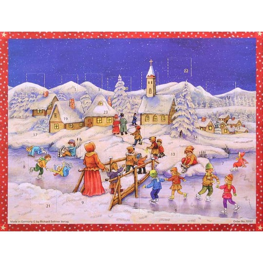 Snowy Village Skating Paper Advent Calendar ~ 13-3/4" x 10-1/2"