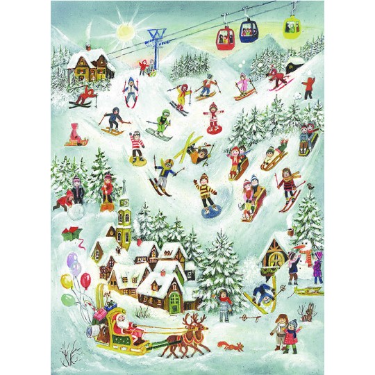 Santa and Skiing Children Paper Advent Calendar ~ 14" x 10-5/8"