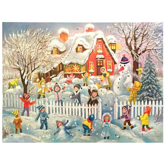 Colorful Children with Snowman Paper Advent Calendar ~ 14" x 10-1/2"