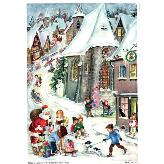 Christmas Village with Santa Vintage Style German Advent Calendar ~ 8-1/4" by 11-5/8"
