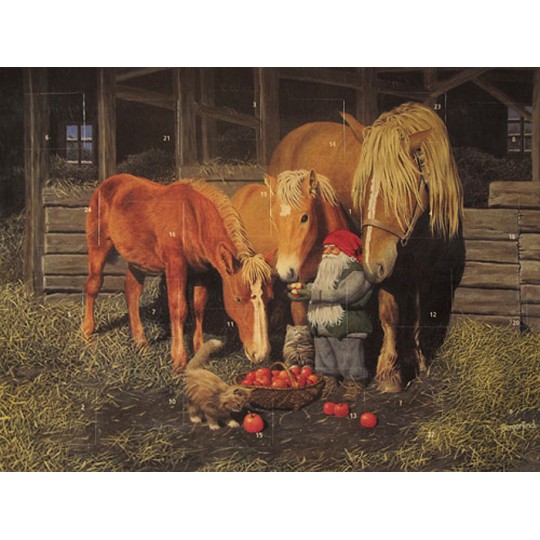 Tomte Gnome Feeding Horses Advent Calendar from Sweden ~ 13-1/4" x 10"