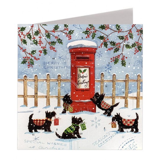 Christmas Scottie Dogs and Post Box Advent Calendar Card ~ England