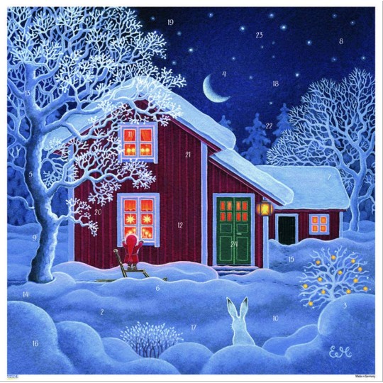 Bunny and Tomte Red House Paper Advent Calendar ~ 11-3/4" x 11-3/4" 