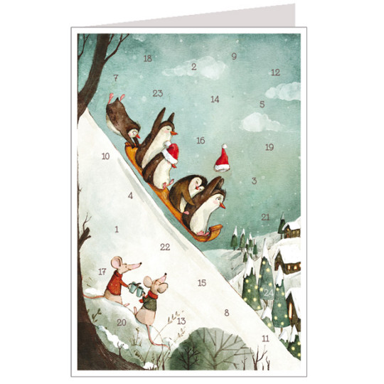 Sledding Penguins Advent Calendar Card ~ Germany