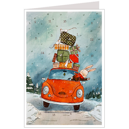 Bunny's Red Christmas Car Advent Calendar Card ~ Germany