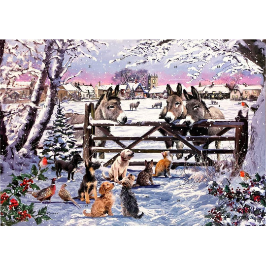 Donkeys and Country Animals Christmas Advent Calendar ~ England ~ 12-7/8" x 9-5/8"