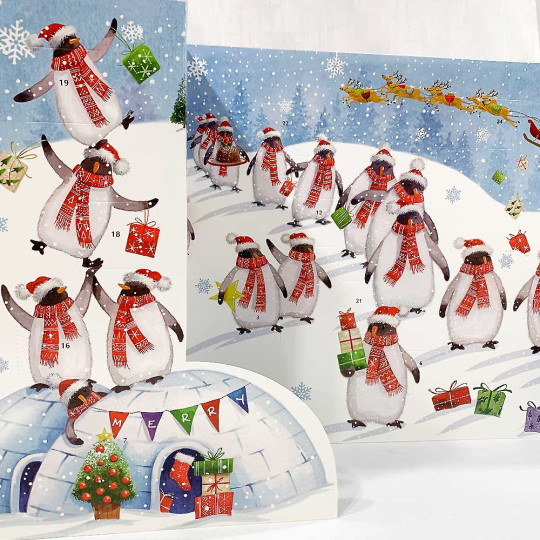Standing 3D Penguin's Christmas Advent Calendar ~ England ~ 13-3/4" x 9-3/4" tall