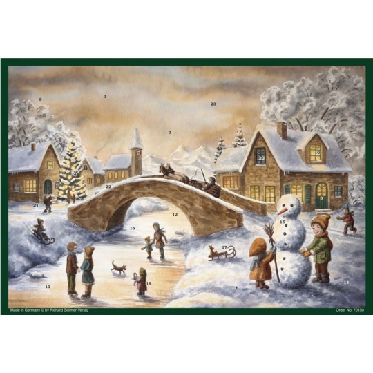 Snowman and Snowy Village Paper Advent Calendar ~ 14" x 10-1/2"