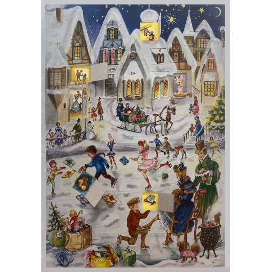 Village Ice Skating Paper Advent Calendar ~ 11-5/8" x 8-1/2"