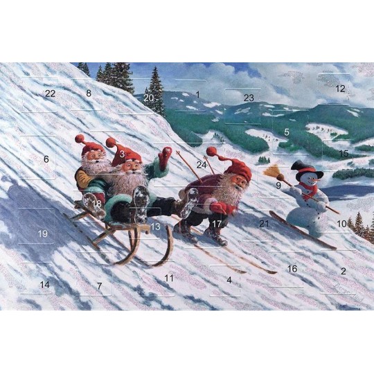 Tomte Gnomes Sledding with Snowman Paper Advent Calendar~ 11-5/8" x 8-1/4"