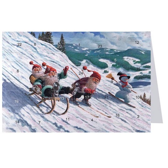 Tomte Sledding with Snowman Advent Calendar Card from Sweden ~ 6-3/4" x 4-1/2"