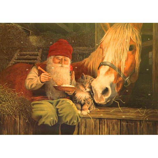 Tomte Gnome with Horse and Cat Advent Calendar from Sweden ~ ﻿11-5/8" x 8-1/4"