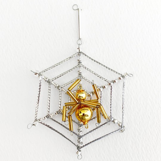 Gold and Silver Glass Bead Spider Web Ornament ~ 3" ~ Czech Republic