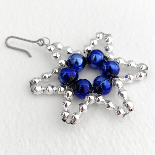 Small Silver with Blue Glass Bead Star ~ 1-3/4" ~ Czech Republic