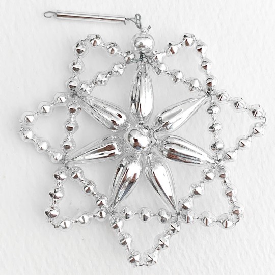 Silver Glass Bead Floral Star Ornament ~ 3" ~ Czech Republic