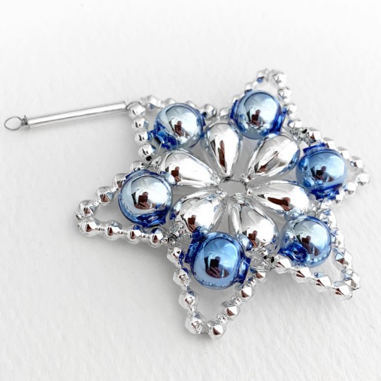 Silver and Blue Glass Bead Flower Star Ornament ~ 2-1/2" ~ Czech Republic