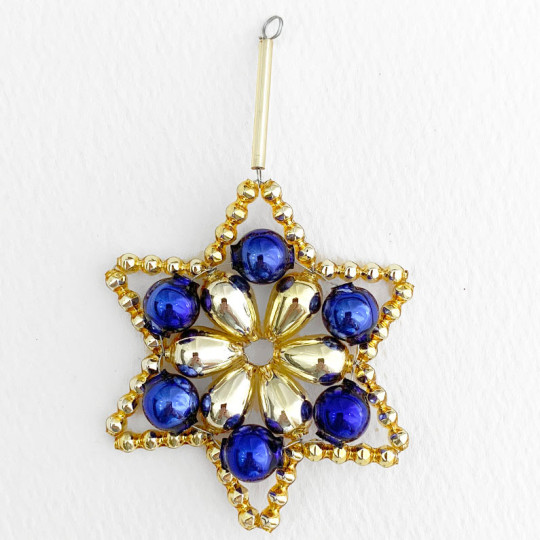 Gold and Blue Glass Bead Flower Star Ornament ~ 2-1/2" ~ Czech Republic