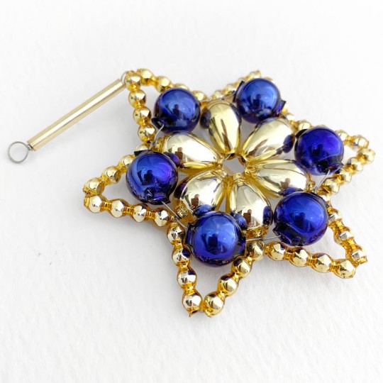 Gold and Blue Glass Bead Flower Star Ornament ~ 2-1/2" ~ Czech Republic