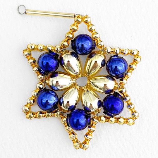 Gold and Blue Glass Bead Flower Star Ornament ~ 2-1/2" ~ Czech Republic