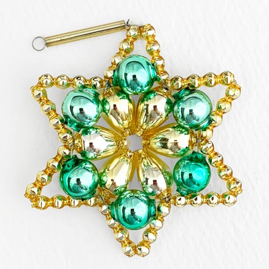 Bright Green and Gold Glass Bead Flower Star Ornament ~ 2-1/2" ~ Czech Republic