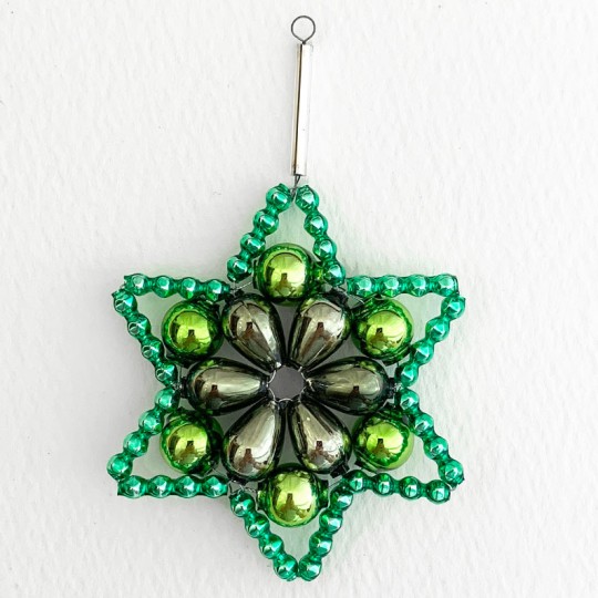 Dark Green Glass Bead Flower Star Ornament ~ 2-1/2" ~ Czech Republic