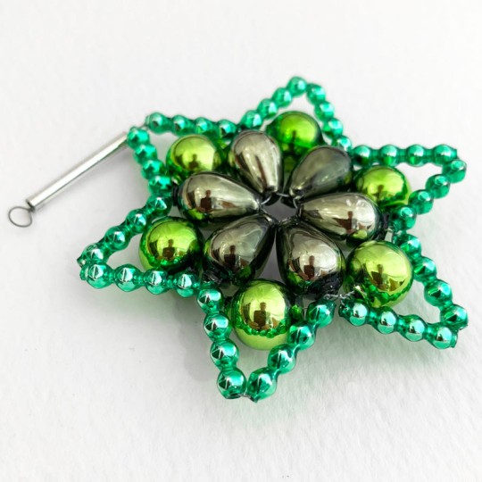 Dark Green Glass Bead Flower Star Ornament ~ 2-1/2" ~ Czech Republic