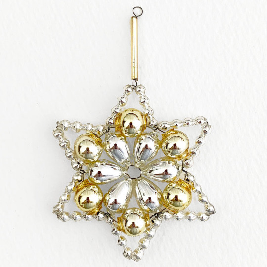 Silver and Pale Gold Glass Bead Flower Star Ornament ~ 2-1/2" ~ Czech Republic