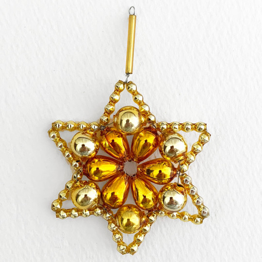 Two-tone Gold Glass Bead Flower Star Ornament ~ 2-1/2" ~ Czech Republic
