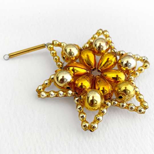 Two-tone Gold Glass Bead Flower Star Ornament ~ 2-1/2" ~ Czech Republic