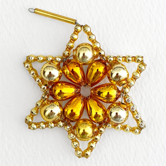 Two-tone Gold Glass Bead Flower Star Ornament ~ 2-1/2" ~ Czech Republic