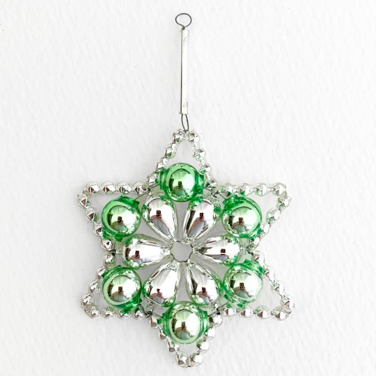 Silver and Pale Green Glass Bead Flower Star Ornament ~ 2-1/2" ~ Czech Republic