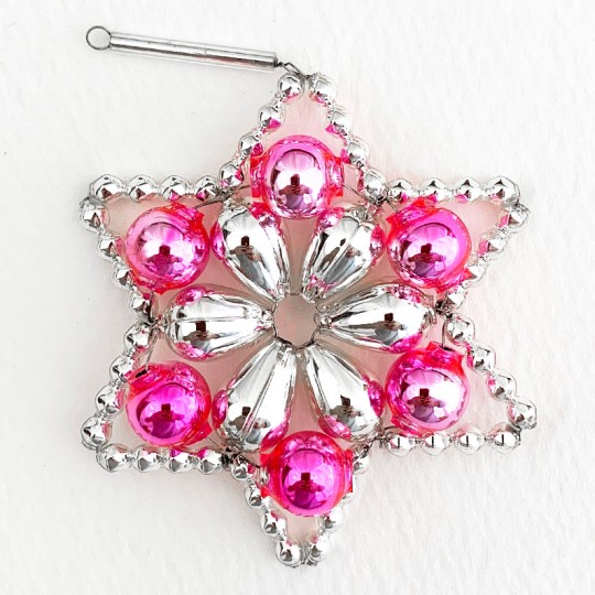 Silver and Pink Glass Bead Flower Star Ornament ~ 2-1/2" ~ Czech Republic