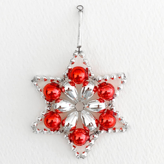 Silver and Red Glass Bead Flower Star Ornament ~ 2-1/2" ~ Czech Republic