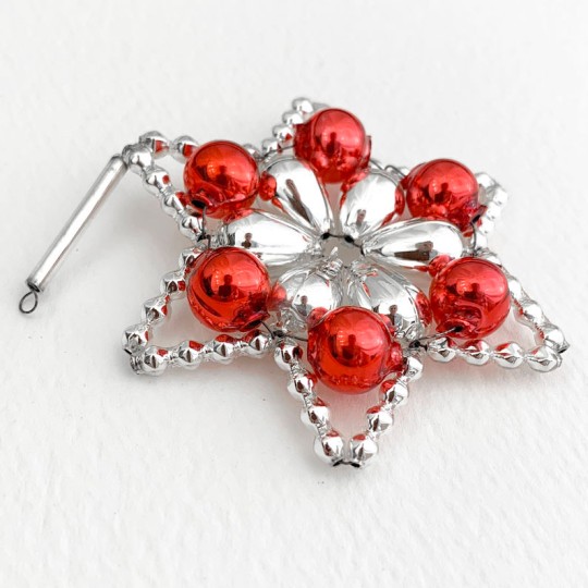 Silver and Red Glass Bead Flower Star Ornament ~ 2-1/2" ~ Czech Republic