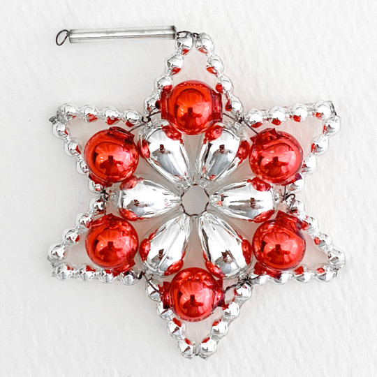 Silver and Red Glass Bead Flower Star Ornament ~ 2-1/2" ~ Czech Republic