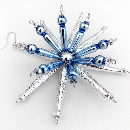 Silver and Blue Starburst Glass Bead Ornament ~ 3-1/2" ~ Czech Republic