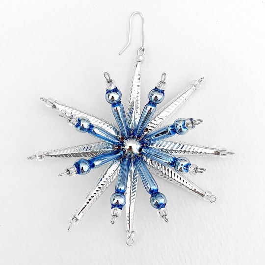 Silver and Blue Starburst Glass Bead Ornament ~ 3-1/2" ~ Czech Republic