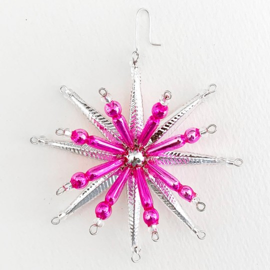 Silver and Pink Starburst Glass Bead Ornament ~ 3-1/2" ~ Czech Republic