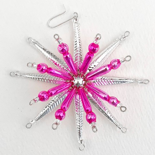 Silver and Pink Starburst Glass Bead Ornament ~ 3-1/2" ~ Czech Republic