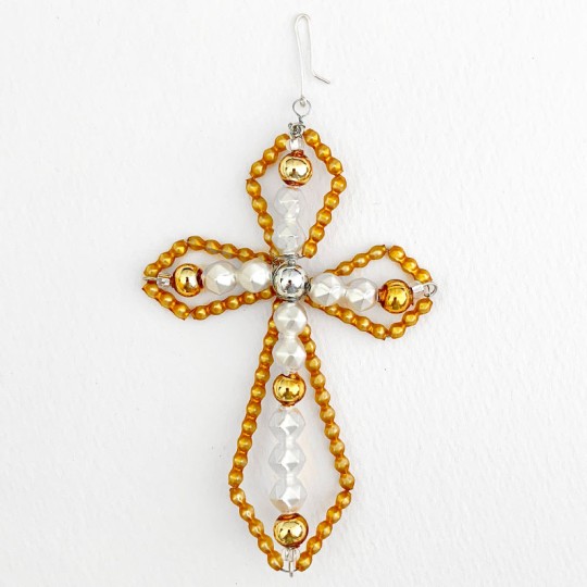 Golden Cross Glass Bead Christmas Ornament ~ 4" ~ Czech Republic