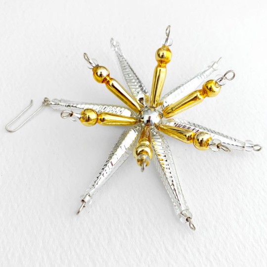Silver and Gold Starburst Glass Bead Ornament ~ 3-1/2" ~ Czech Republic
